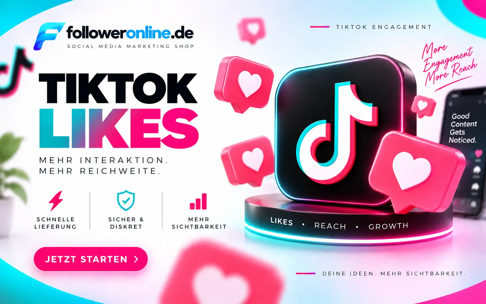 TikTok Likes kaufen – TikTok Logo mit Herz-Symbolen