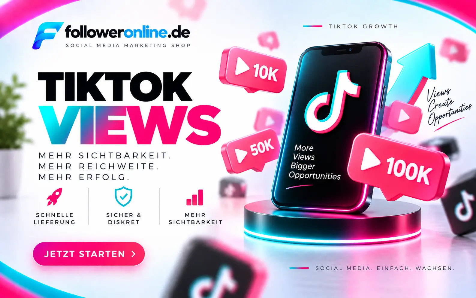 TikTok Views kaufen – Smartphone mit TikTok-Logo und Views-Symbolen von FollowerOnline